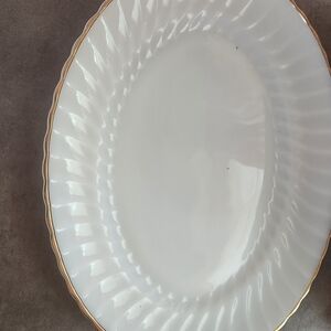 Platter Milk Glass Anchor Hocking Oven Proof Gold Rimmed Large Serving Platter